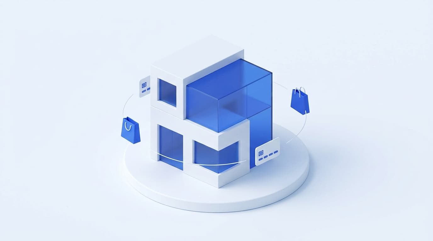 3D illustration of a storefront with orbiting shopping icons
